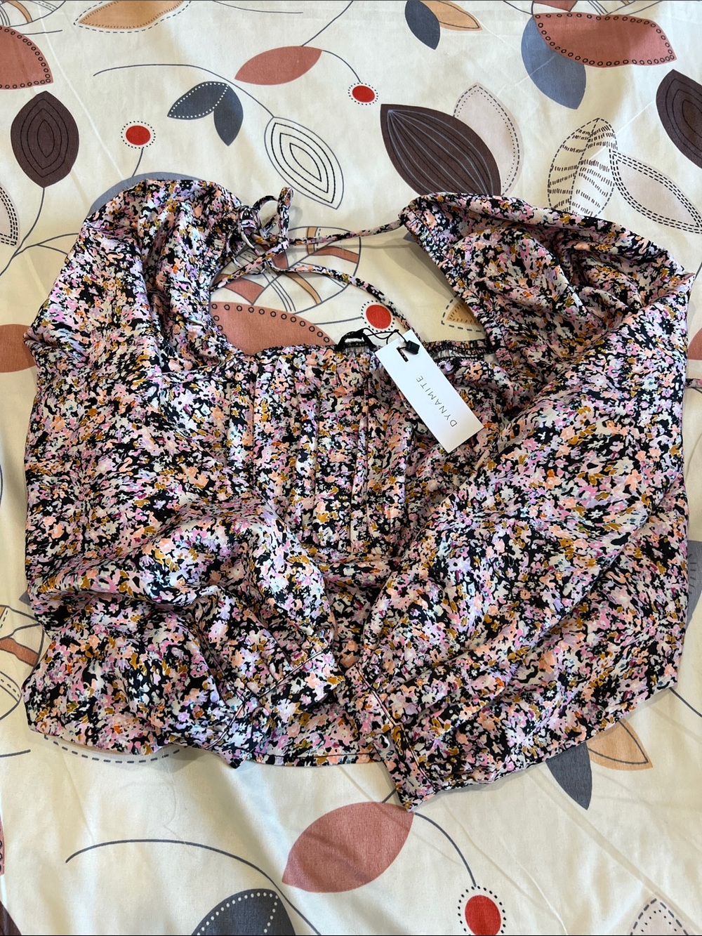 Dynamite Pink Black Cream Floral Smocked Crop Blouse with Tie Back
